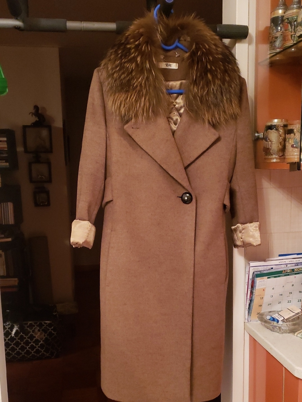 KENZ  Brown Wool Trench Coat with Natural Fur Collar